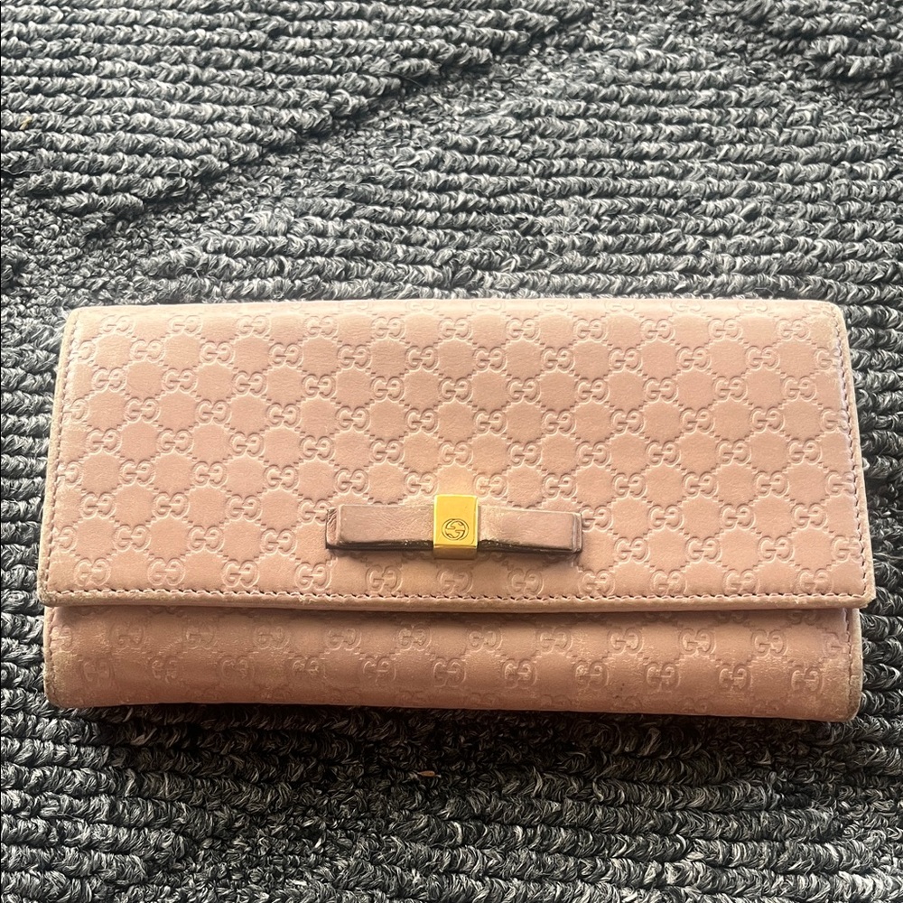 Gucci Guccisima Tan Embossed Women's Long Wallet w/ small bow